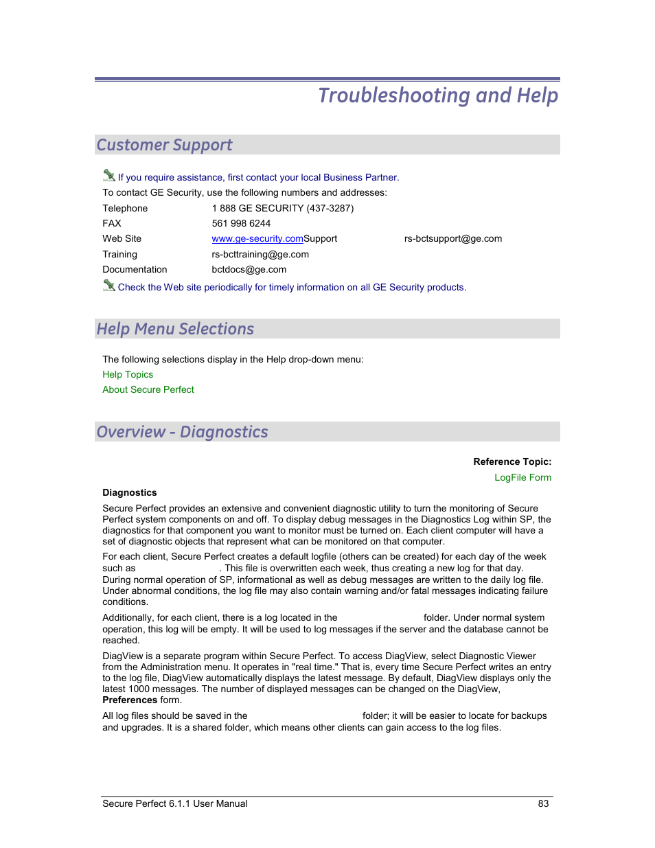 Troubleshooting and help, Customer support, Help menu selections | Overview - diagnostics, Diagnostics overview | GE v6 User Manual | Page 85 / 269