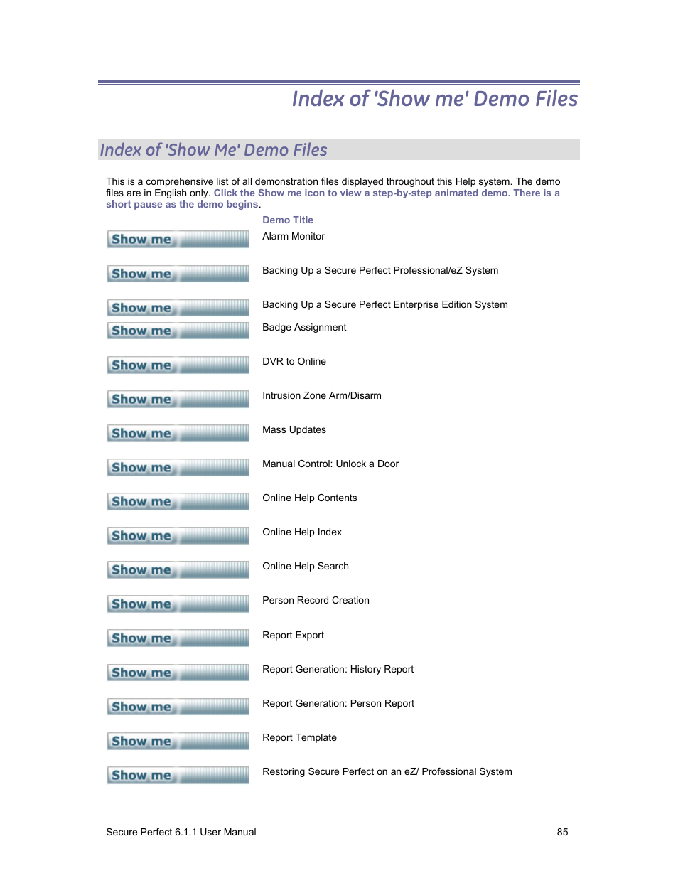 Index of 'show me' demo files | GE v6 User Manual | Page 87 / 269
