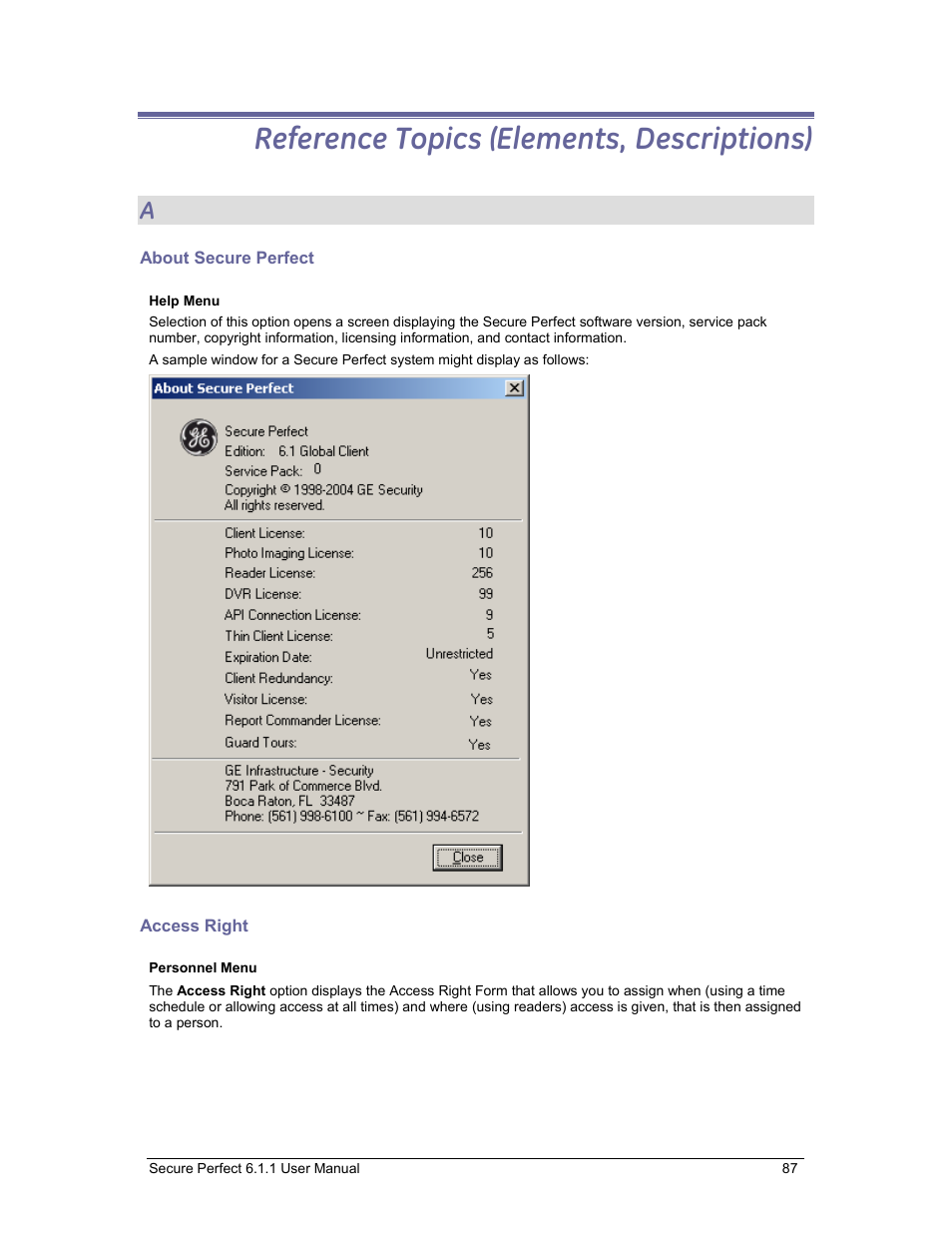 Reference topics (elements, descriptions), About secure perfect, Access right | GE v6 User Manual | Page 89 / 269