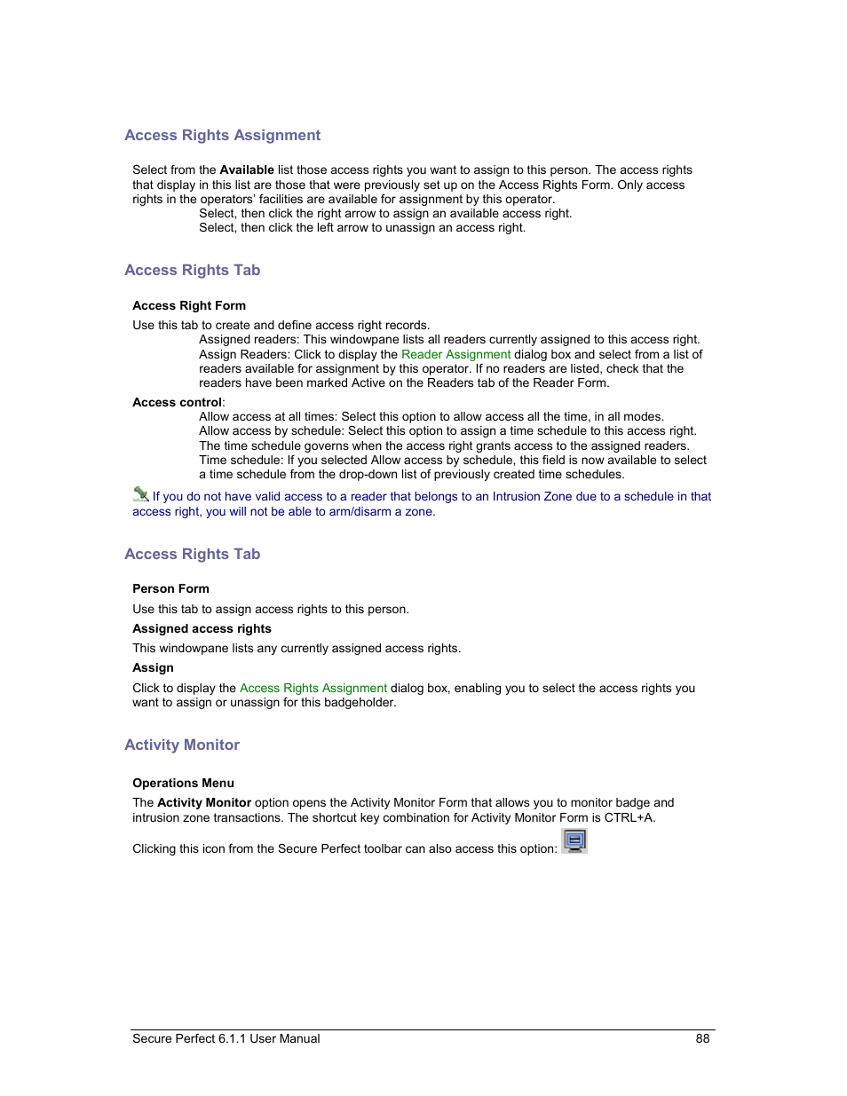 Access rights assignment, Access rights tab, Activity monitor | GE v6 User Manual | Page 90 / 269