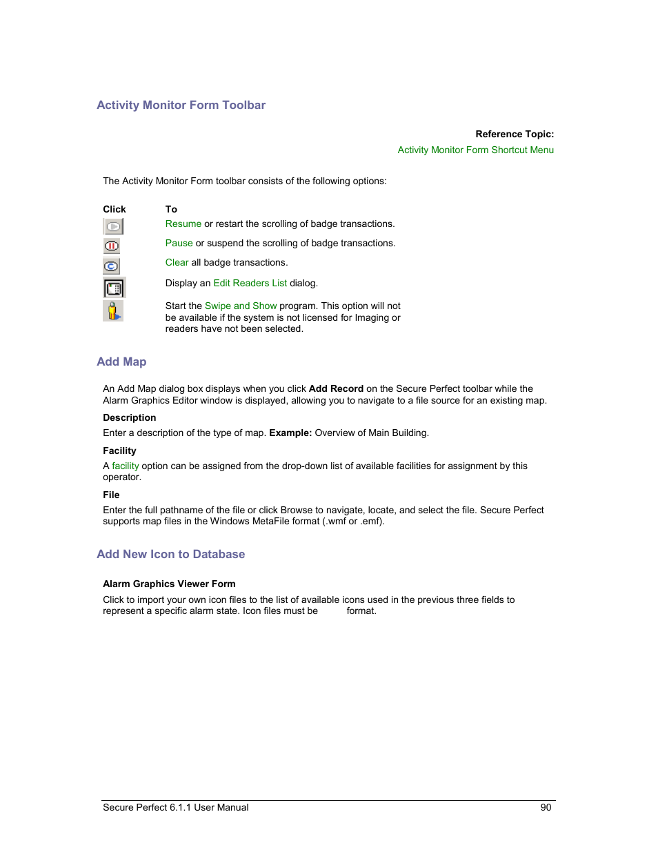 Activity monitor form toolbar, Add map, Add new icon to database | Alarm monitor form toolbar | GE v6 User Manual | Page 92 / 269