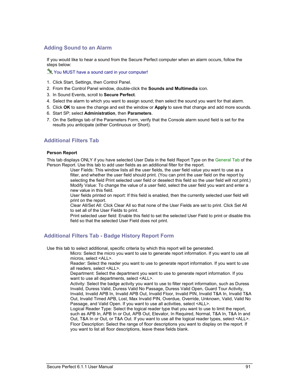 Adding sound to an alarm, Additional filters tab, Additional filters tab - badge history report form | GE v6 User Manual | Page 93 / 269