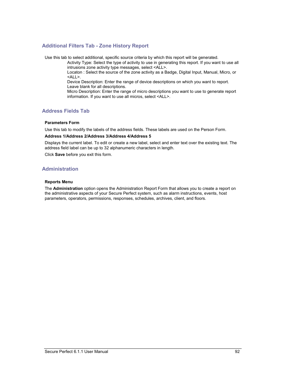 Additional filters tab - zone history report, Address fields tab, Administration | Additional filters tab | GE v6 User Manual | Page 94 / 269