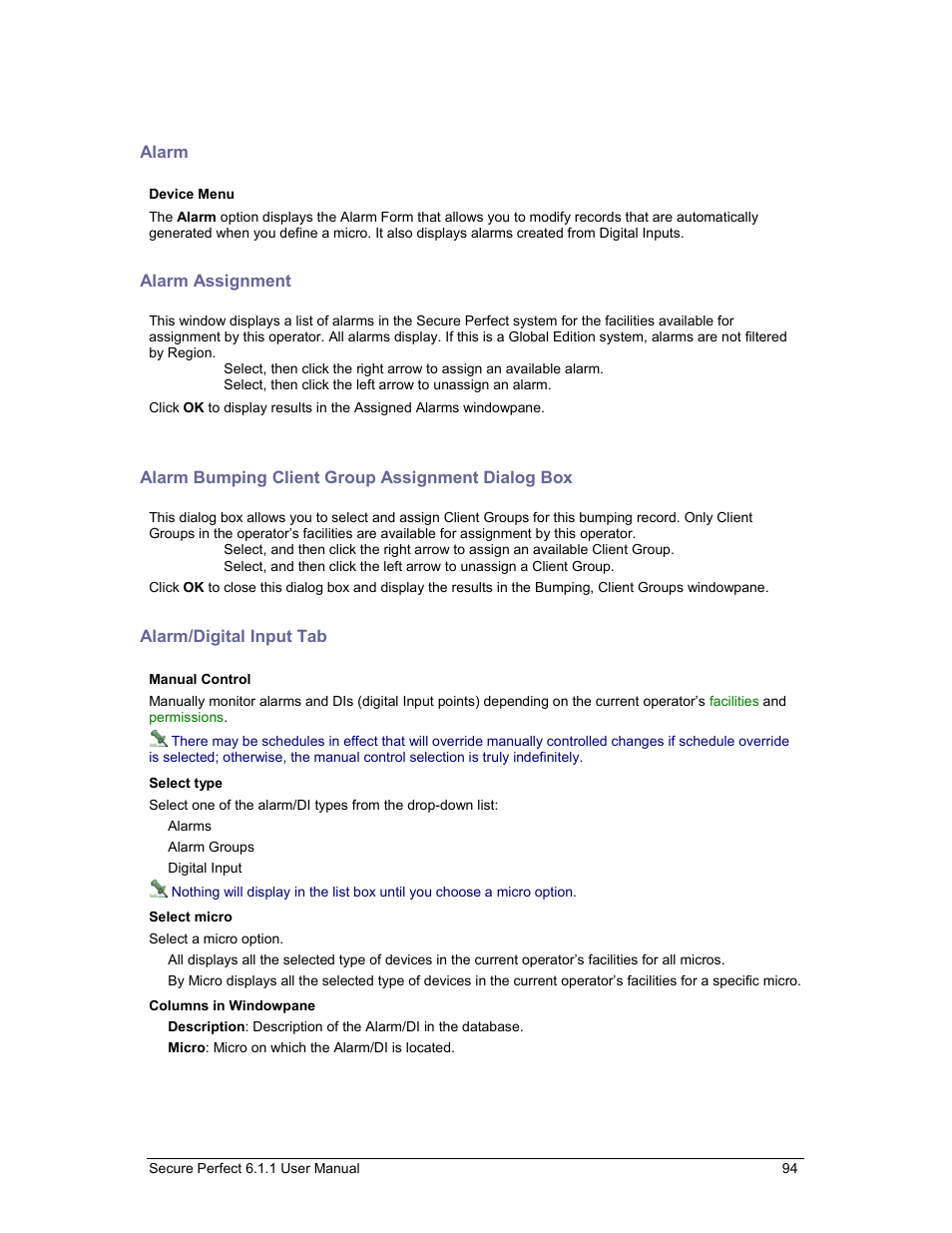 Alarm, Alarm assignment, Alarm bumping client group assignment dialog box | Alarm/digital input tab, Link to more than one alarm, Allow | GE v6 User Manual | Page 96 / 269
