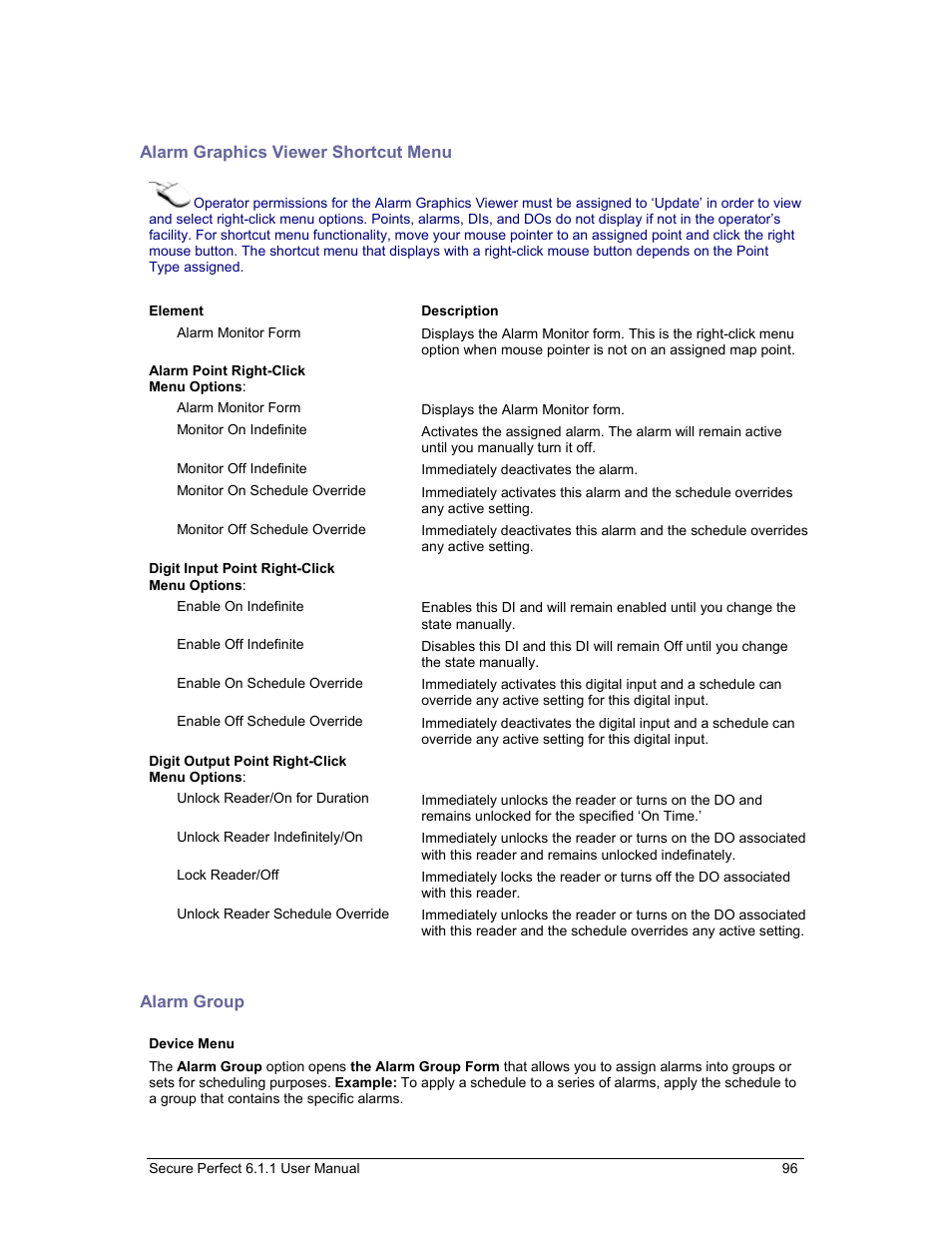 Alarm graphics viewer shortcut menu, Alarm group, Shortcut menu functionality | GE v6 User Manual | Page 98 / 269