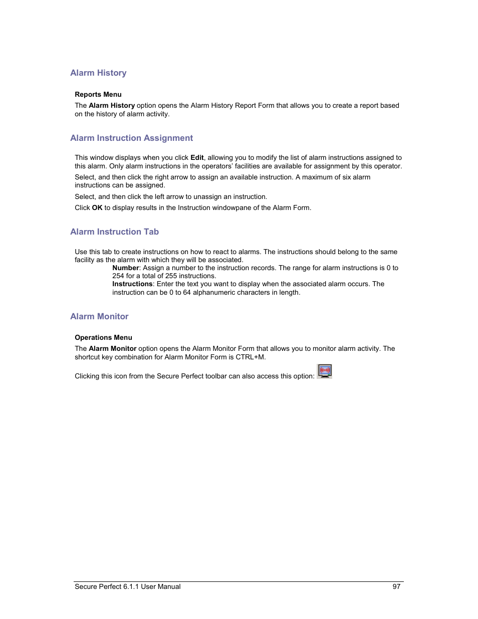 Alarm history, Alarm instruction assignment, Alarm instruction tab | Alarm monitor | GE v6 User Manual | Page 99 / 269