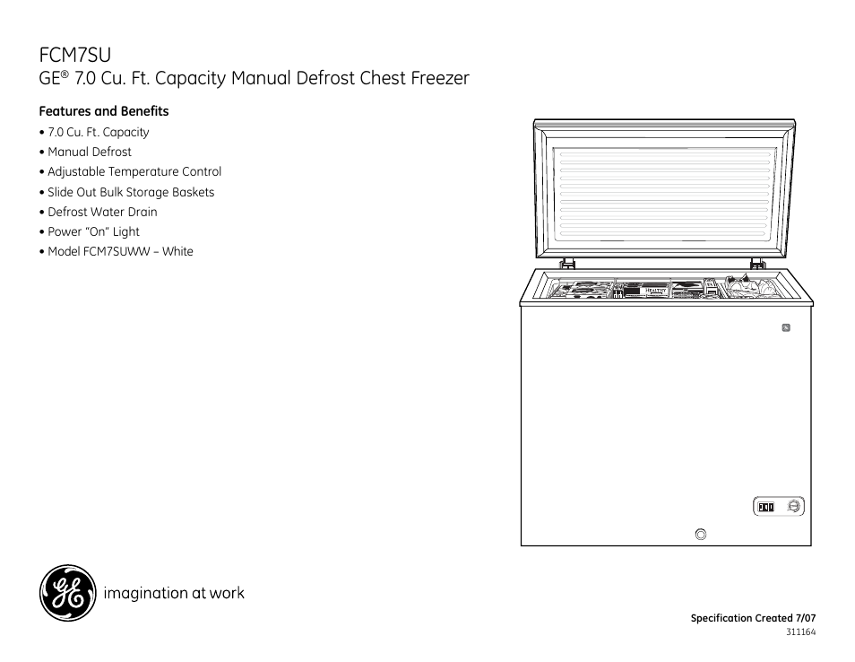 Fcm7su, 0 cu. ft. capacity manual defrost chest freezer | GE FCM7SU User Manual | Page 2 / 2