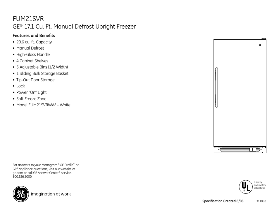 Fum21svr, 1 cu. ft. manual defrost upright freezer | GE FUM21SVR User Manual | Page 2 / 2