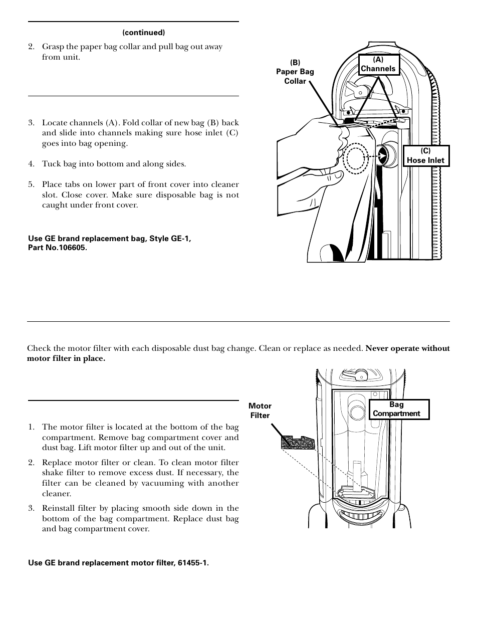 Filters, Filters -14, Cleaning and replacing filters | Motor filter | GE 71045 User Manual | Page 13 / 36