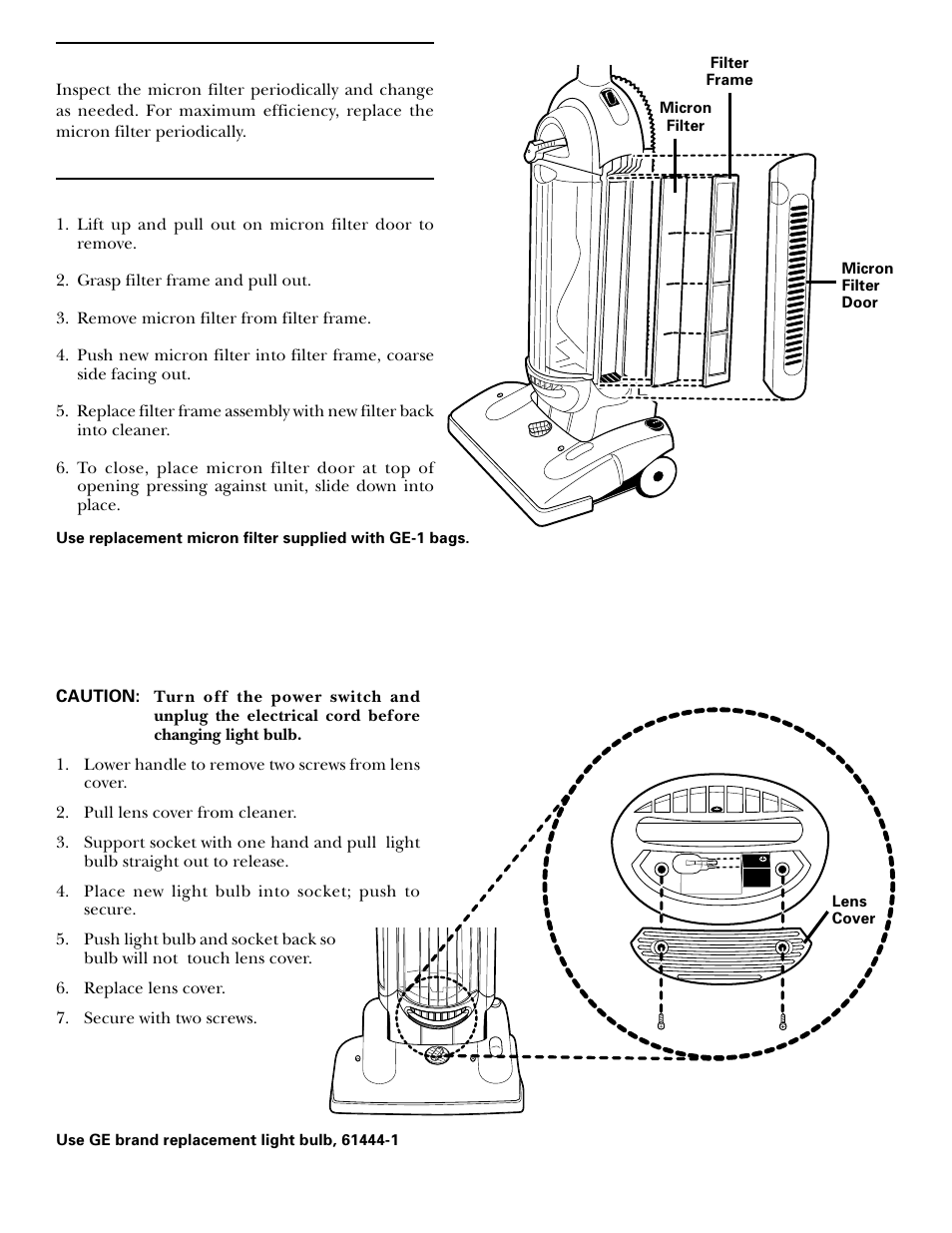 Light bulb, How to change light bulb, Micron filter | GE 71045 User Manual | Page 14 / 36