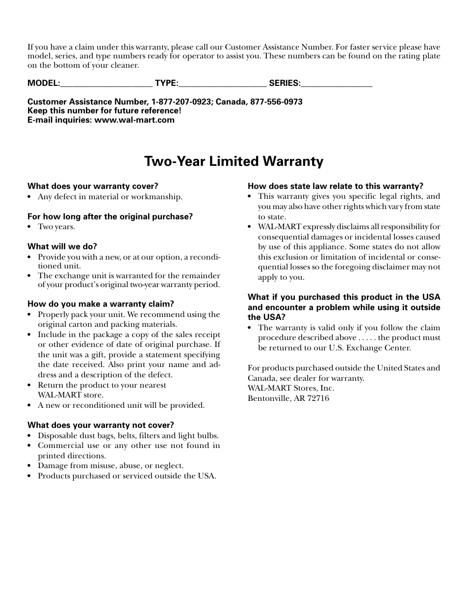 Warranty, Customer assistance, Two-year limited warranty | GE 71045 User Manual | Page 19 / 36