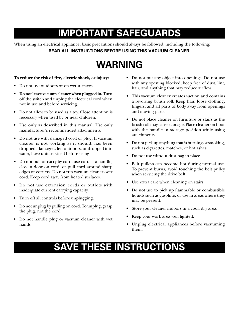 Important safeguards, Vacuum cleaner safety, Save these instructions warning | GE 71045 User Manual | Page 2 / 36