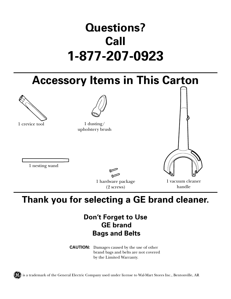 Accessory items in this carton, Questions? call | GE 71045 User Manual | Page 20 / 36
