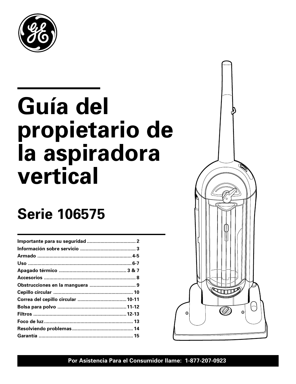 Spanish version, Guía del propietario de la aspiradora vertical, Tipo doméstico | GE 71045 User Manual | Page 21 / 36