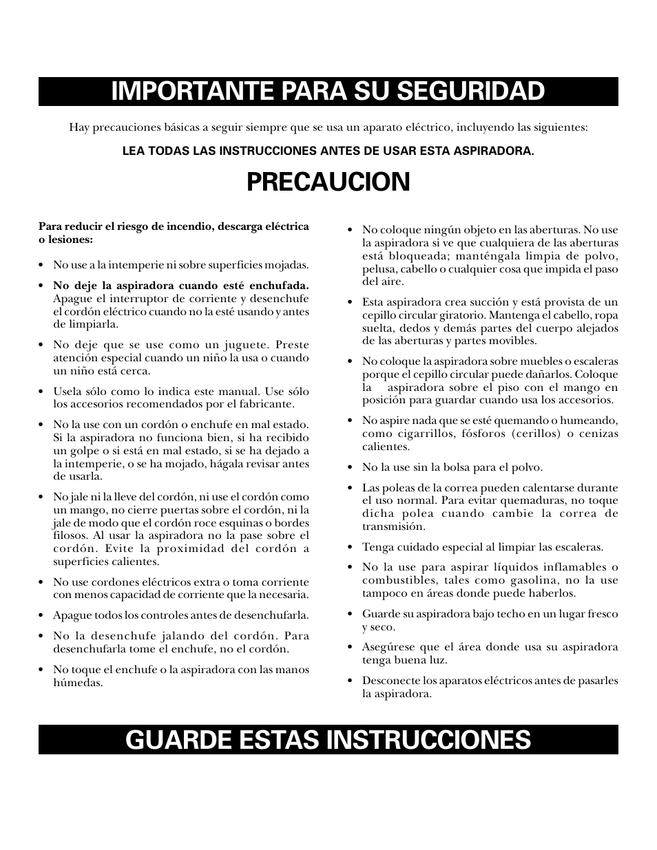 Puntos de seguridad de la aspiradora, Importante para su seguridad, Precaucion | Guarde estas instrucciones | GE 71045 User Manual | Page 22 / 36