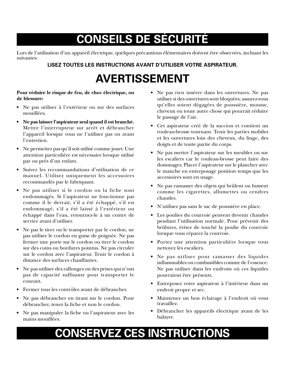 Vacuum cleaner safety, Conservez ces instructions conseils de sécurité, Avertissement | GE 71045 User Manual | Page 3 / 36
