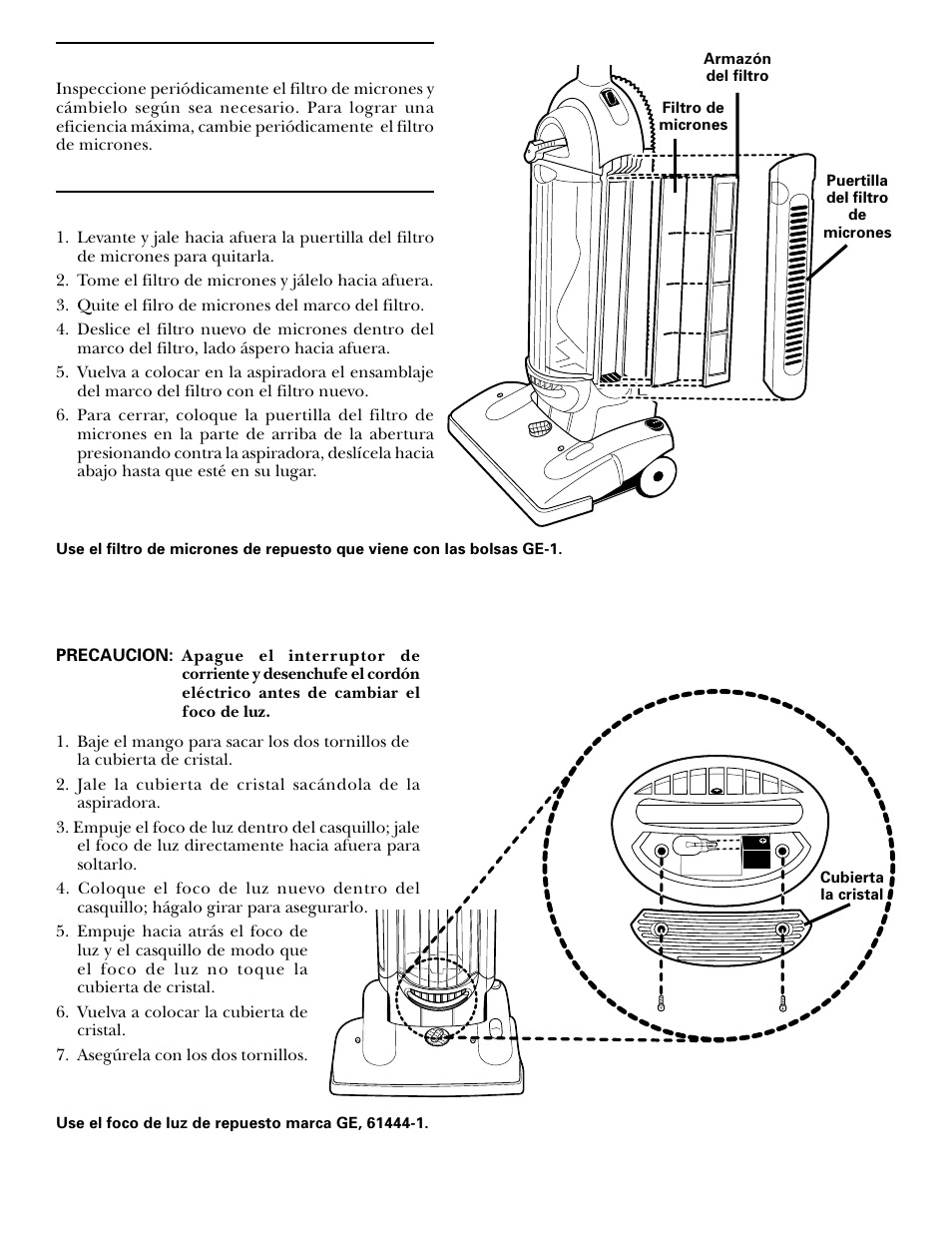 Cómo cambiar el foco de luz, Filtro de micrones, Para cambiar el filtro de micrones | GE 71045 User Manual | Page 33 / 36