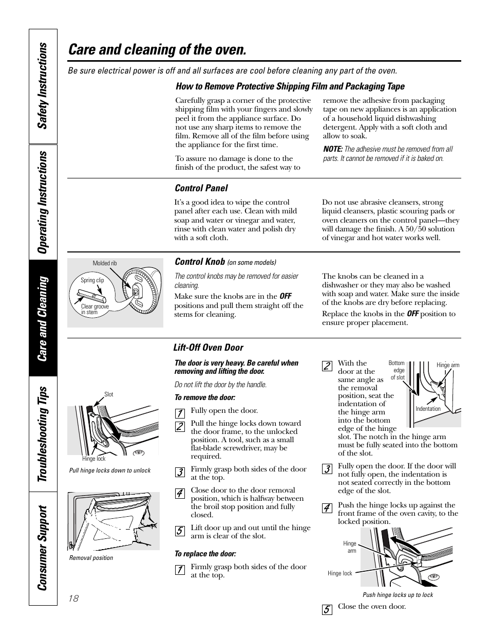 Control panel, Knob, Lift-off oven door | Packaging tape, Knob lift-off oven door , 19, Care and cleaning of the oven | GE JKP2027 User Manual | Page 18 / 28