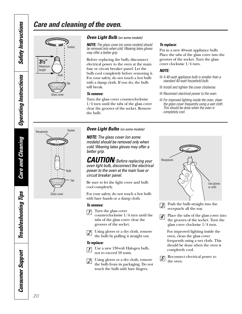 Light bulb, Care and cleaning of the oven, Caution | GE JKP2027 User Manual | Page 20 / 28