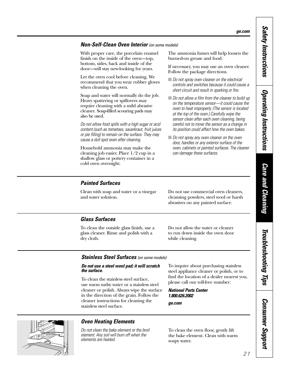 Glass surfaces, Heating element, Oven interior | Painted surfaces, Stainless steel surfaces, Glass surfaces heating element | GE JKP2027 User Manual | Page 21 / 28