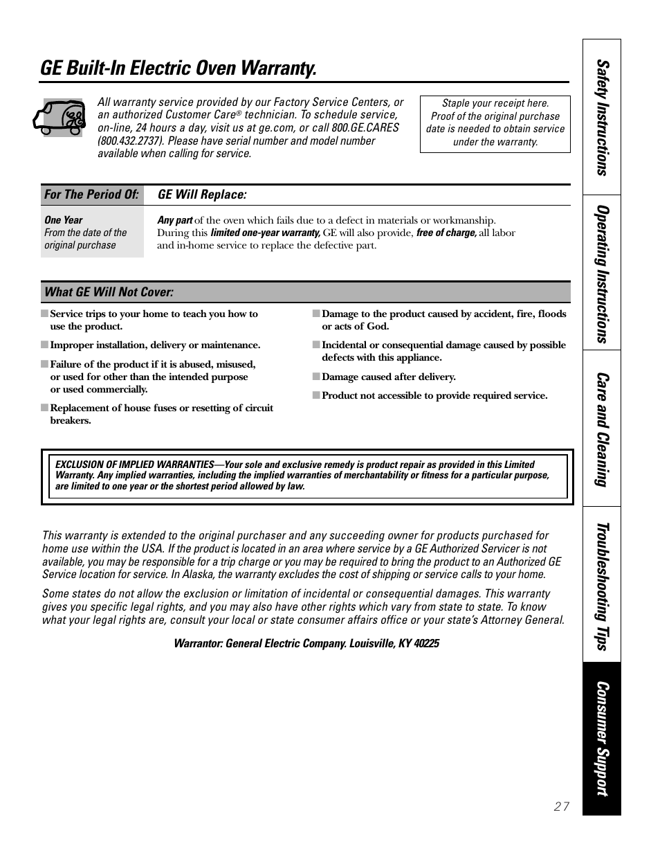 Warranty, Ge built-in electric oven warranty | GE JKP2027 User Manual | Page 27 / 28