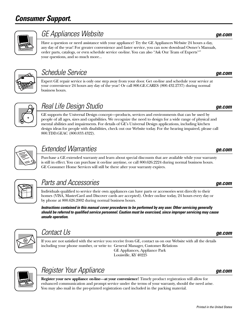 Consumer support, Consumer support . . back cover, Consumer support. ge appliances website | Schedule service, Real life design studio, Extended warranties, Parts and accessories, Contact us, Register your appliance | GE JKP2027 User Manual | Page 28 / 28