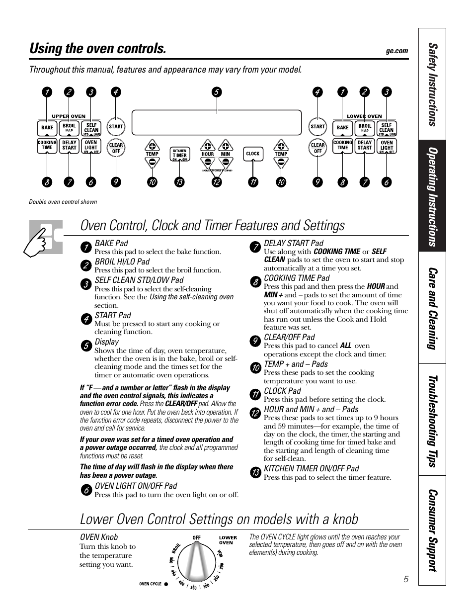 Controls, Using the oven controls, Lower oven control settings on models with a knob | GE JKP2027 User Manual | Page 5 / 28