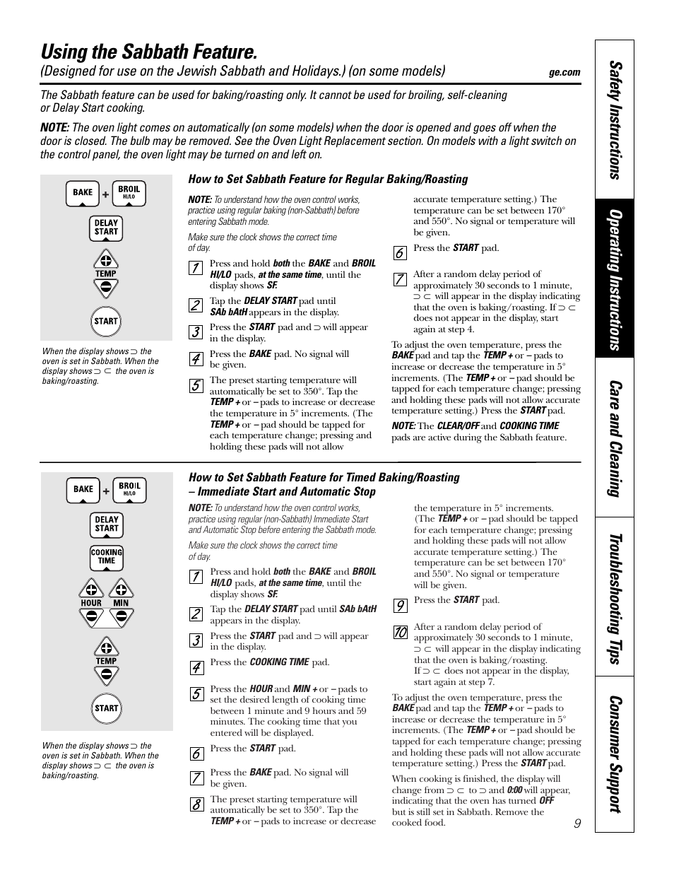 Sabbath feature, Sabbath feature , 10, Using the sabbath feature | GE JKP2027 User Manual | Page 9 / 28