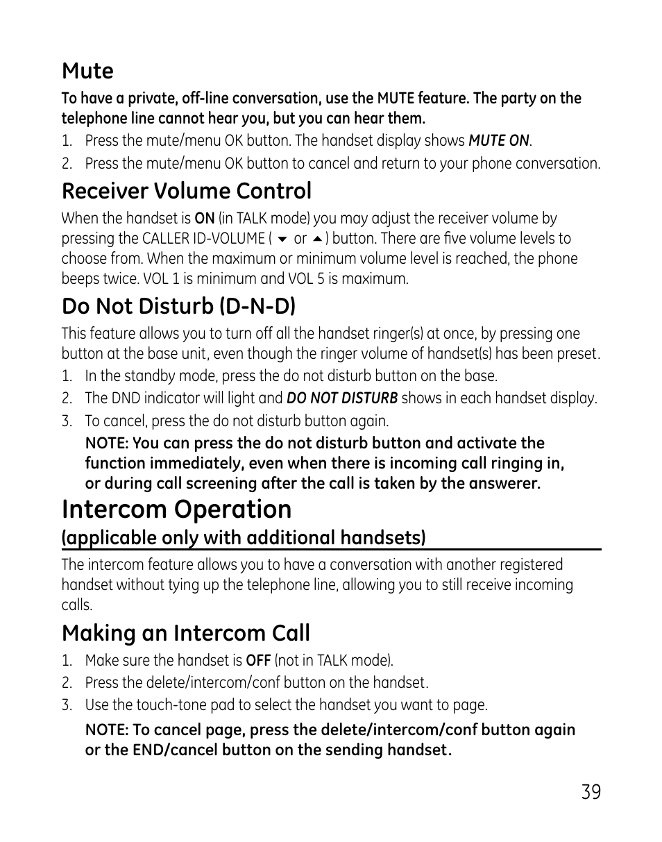 Intercom operation, Mute, Receiver volume control | Do not disturb (d-n-d), Making an intercom call | GE 0007 User Manual | Page 39 / 68