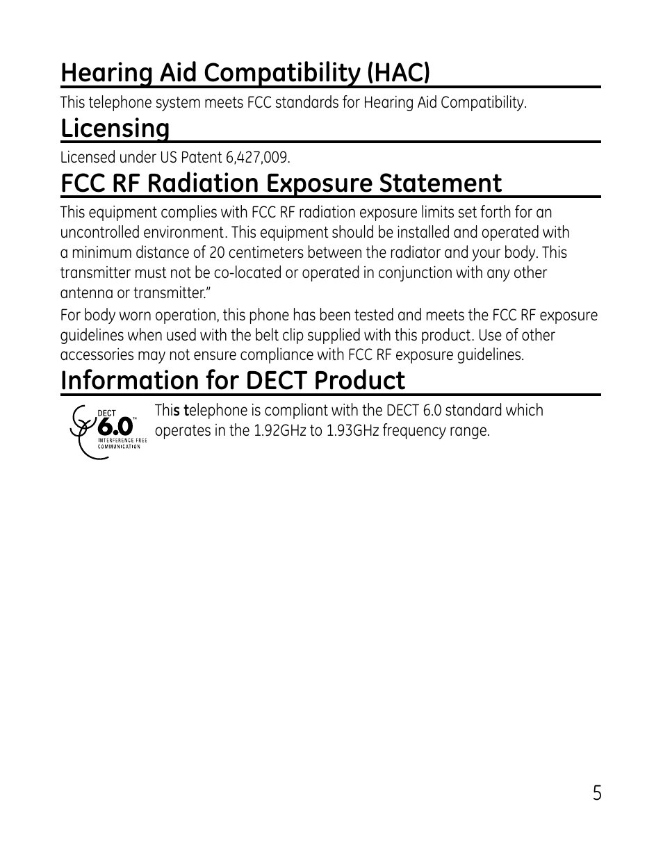 Hearing aid compatibility (hac), Licensing, Fcc rf radiation exposure statement | Information for dect product | GE 0007 User Manual | Page 5 / 68