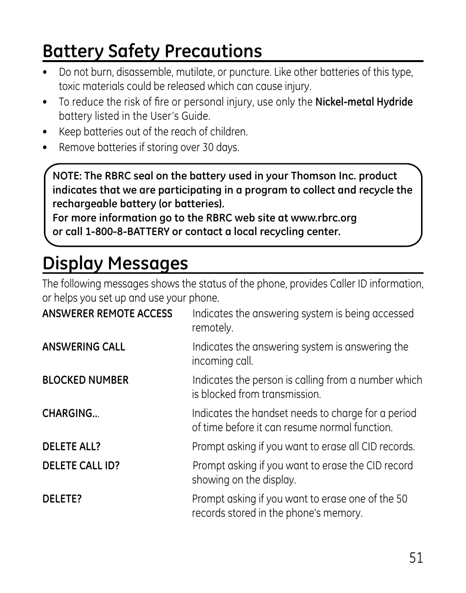 Battery safety precautions, Display messages | GE 0007 User Manual | Page 51 / 68