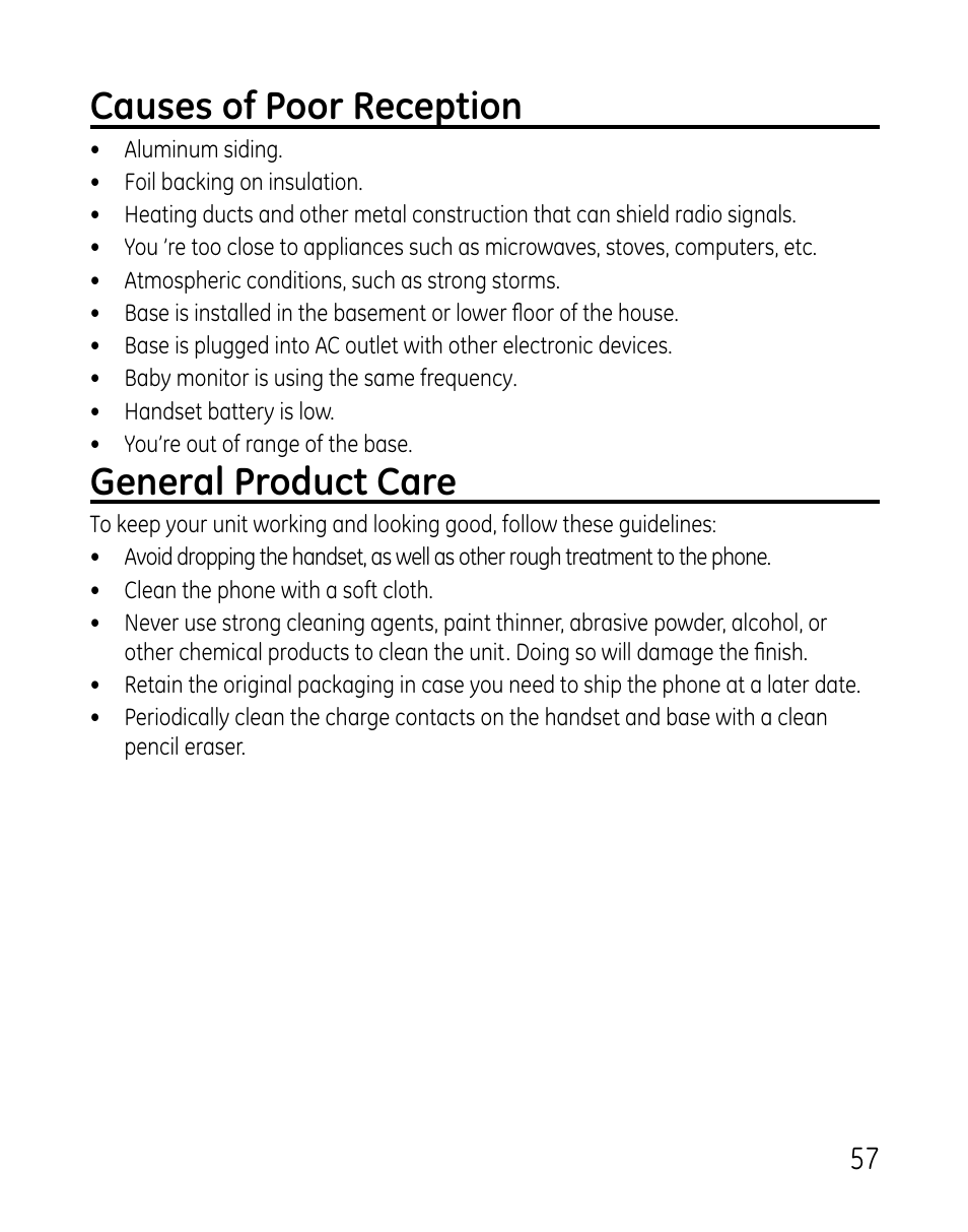 Causes of poor reception, General product care | GE 0007 User Manual | Page 57 / 68