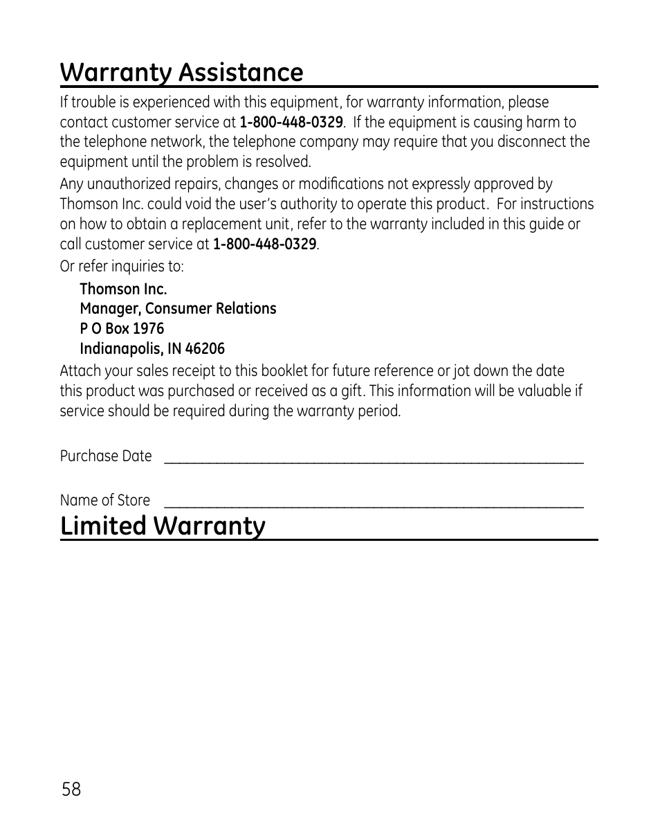 Warranty assistance, Limited warranty | GE 0007 User Manual | Page 58 / 68