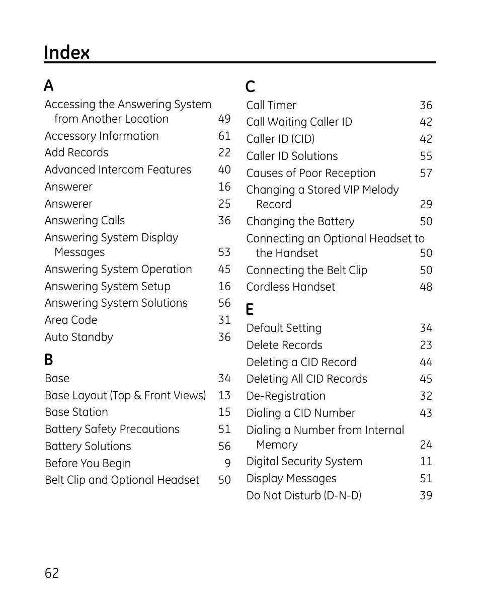 Index | GE 0007 User Manual | Page 62 / 68