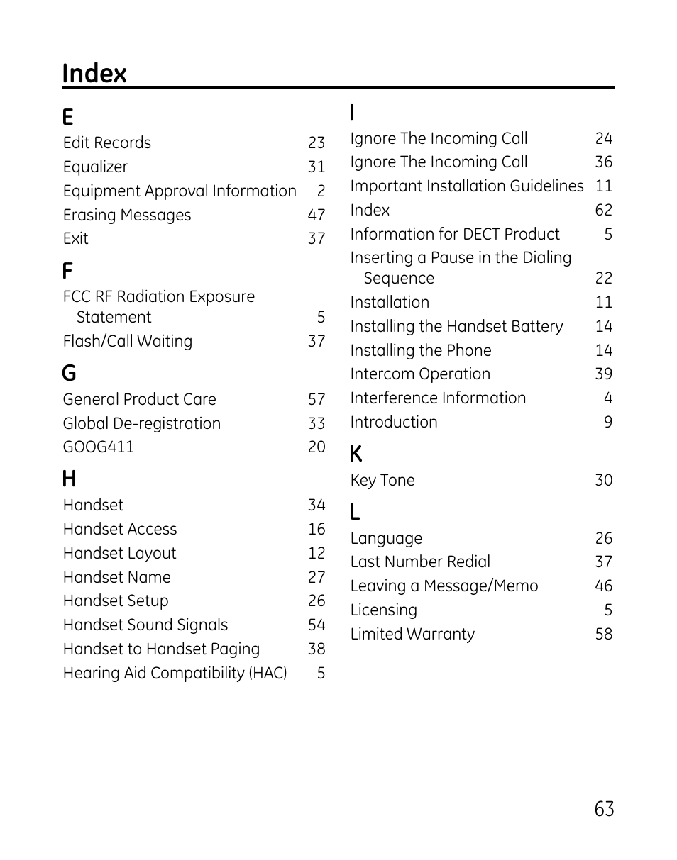 Index | GE 0007 User Manual | Page 63 / 68