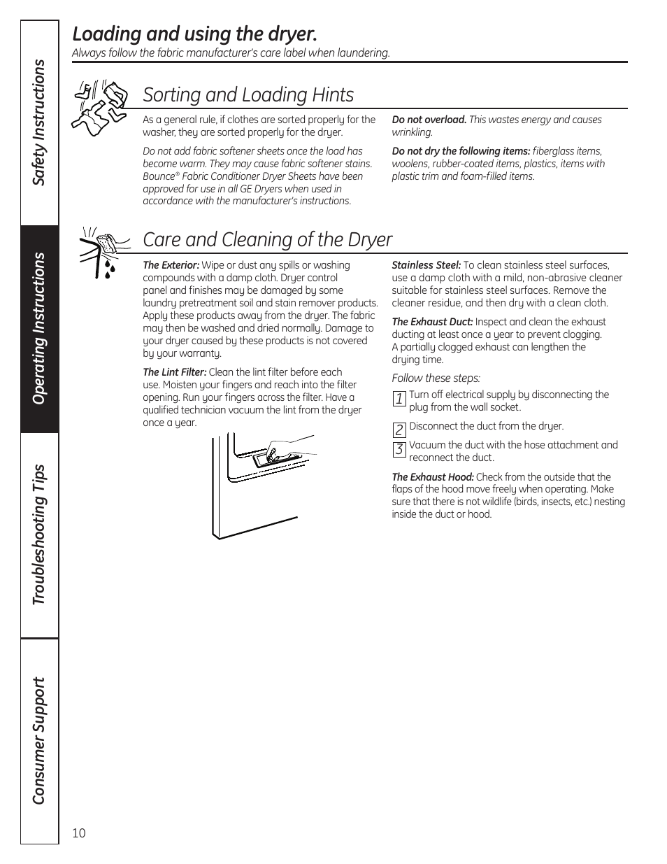 Loading and using the dryer –11, Sorting and loading hints | GE 49-90407 User Manual | Page 10 / 32