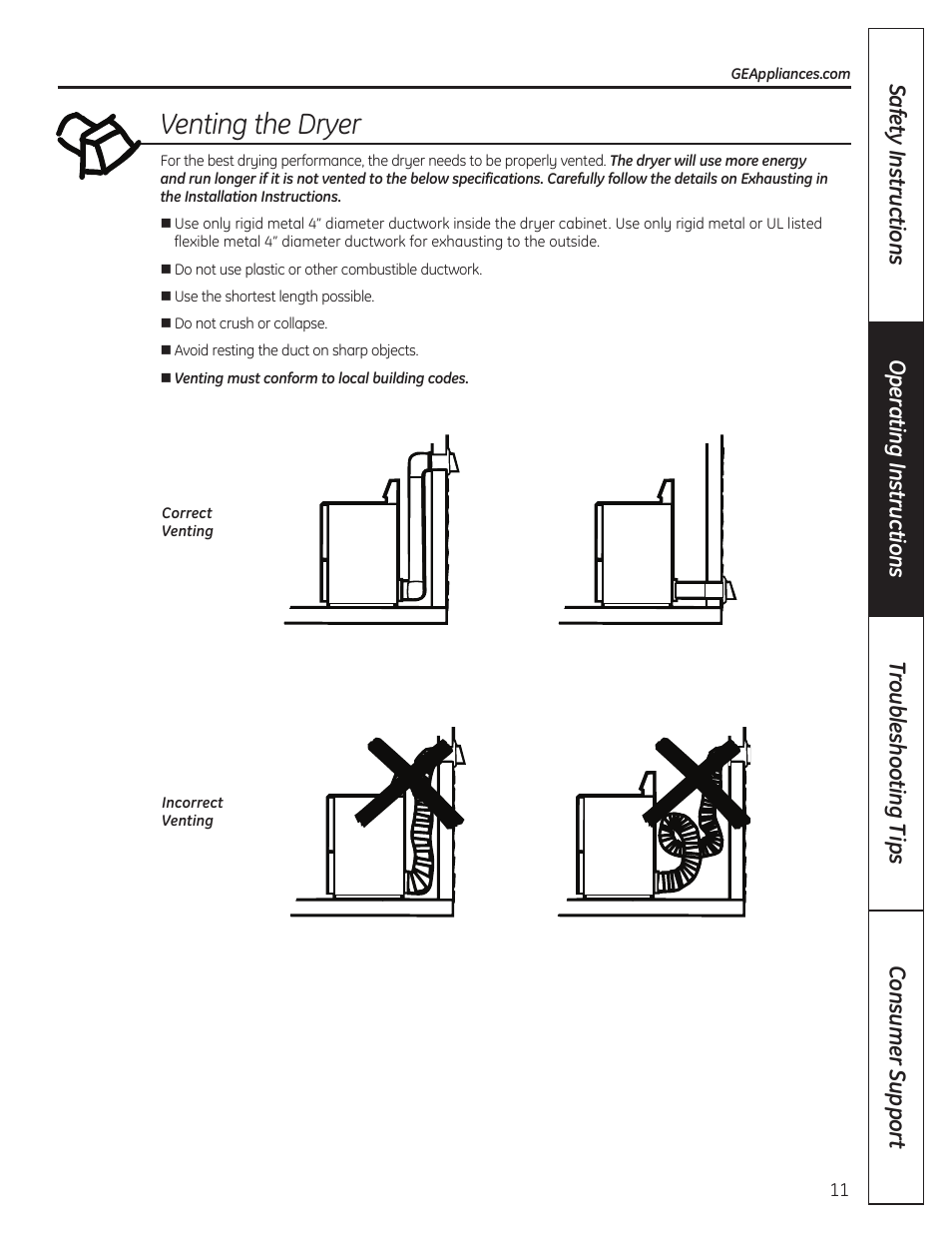 Venting the dryer | GE 49-90407 User Manual | Page 11 / 32