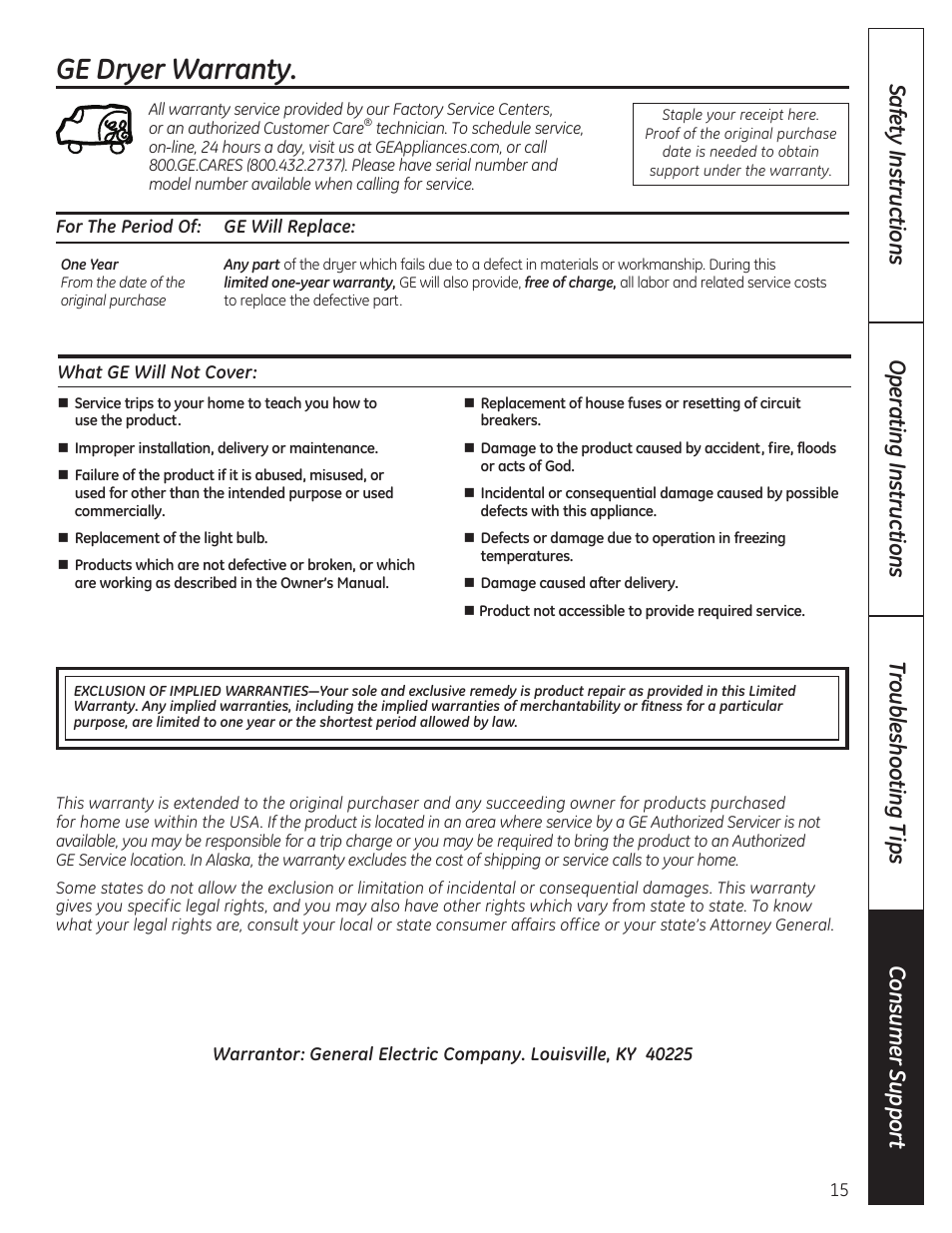 Warranty, Ge dryer warranty | GE 49-90407 User Manual | Page 15 / 32