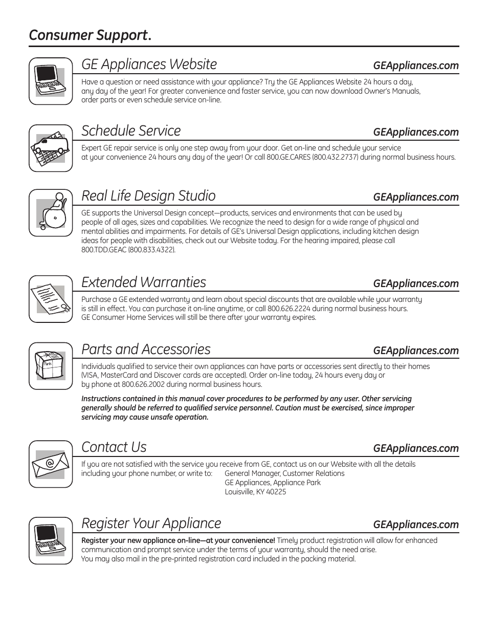 Ge appliances website, Schedule service, Real life design studio | Extended warranties, Parts and accessories, Contact us, Register your appliance, Consumer support | GE 49-90407 User Manual | Page 16 / 32
