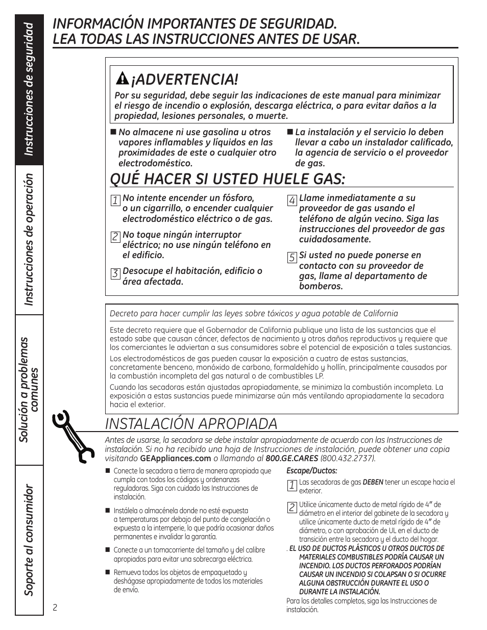 Instrucciones de seguridad, Advertencia, Qué hacer si usted huele gas | Instalación apropiada | GE 49-90407 User Manual | Page 18 / 32