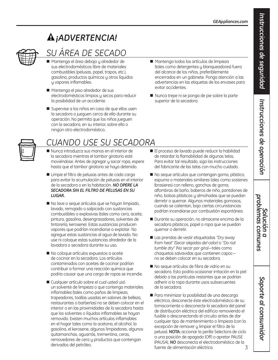 Advertencia! su área de secado, Cuando use su secadora | GE 49-90407 User Manual | Page 19 / 32
