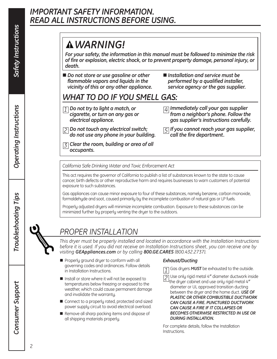 Safety instructions, Warning, What to do if you smell gas | Proper installation | GE 49-90407 User Manual | Page 2 / 32