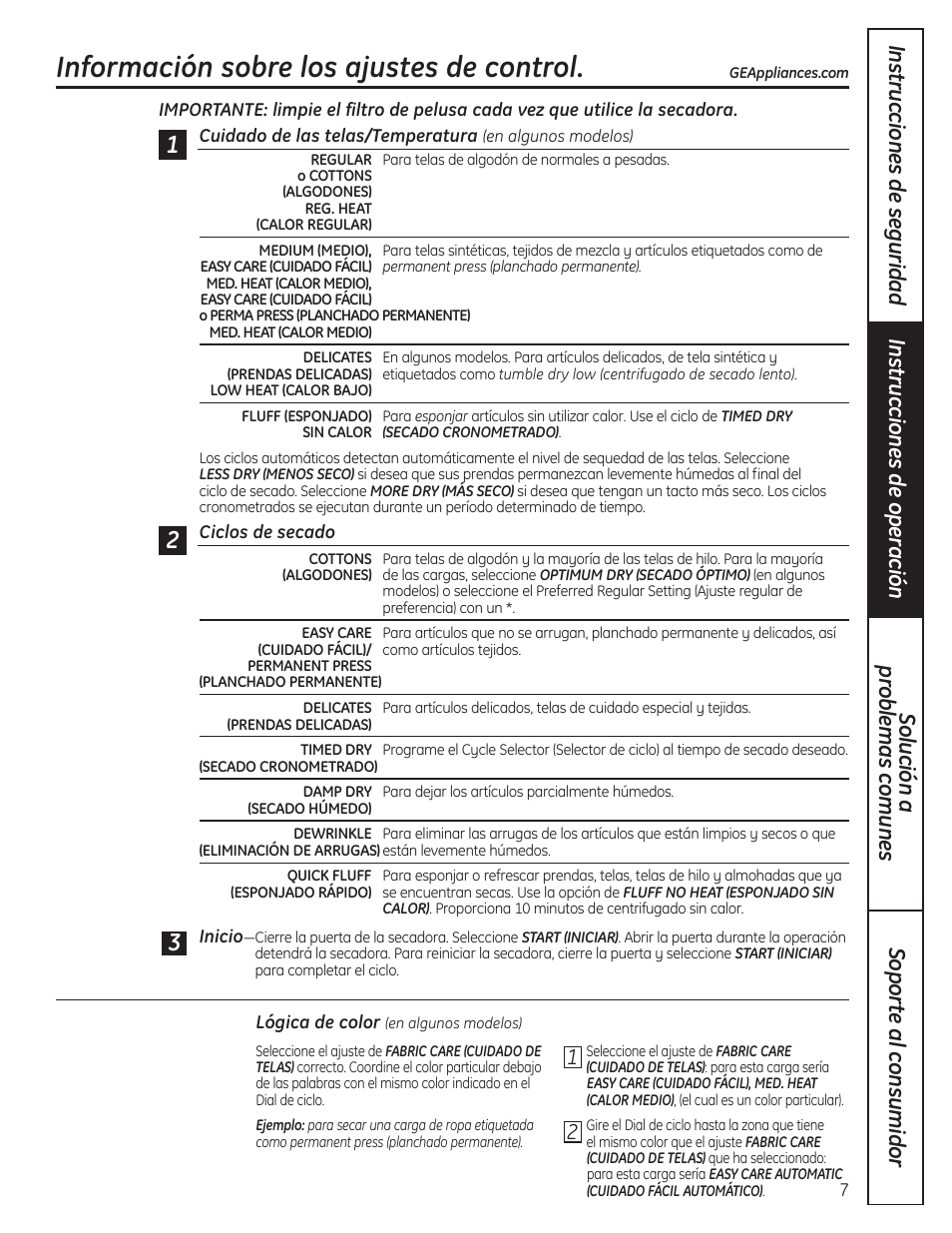 Ajustes de control, Información sobre los ajustes de control | GE 49-90407 User Manual | Page 23 / 32