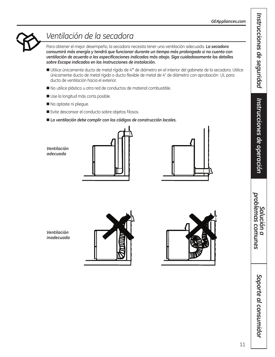 Ventilación de la secadora | GE 49-90407 User Manual | Page 27 / 32