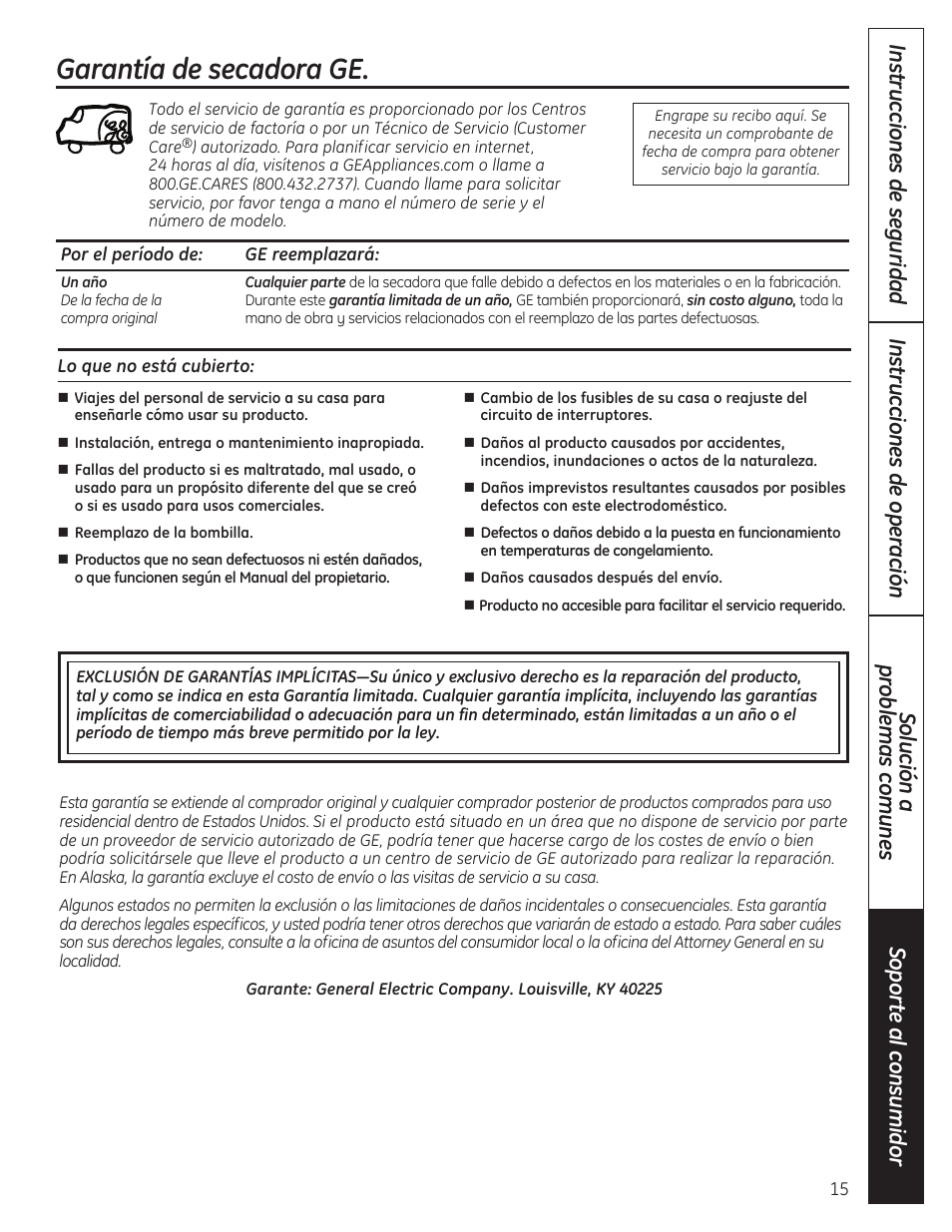 Garantía, Garantía de secadora ge | GE 49-90407 User Manual | Page 31 / 32