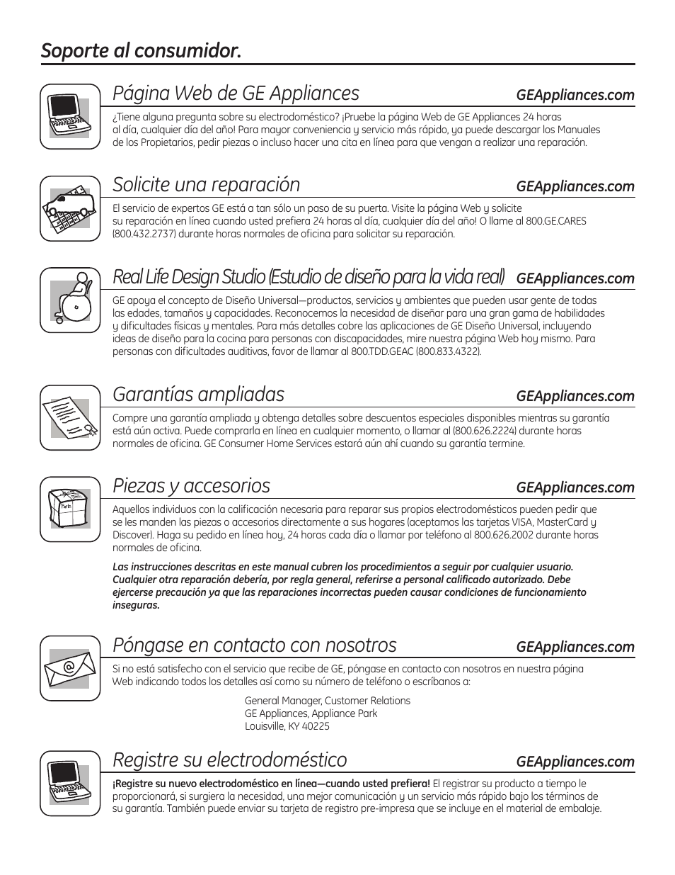 Soporte al consumidor, Soporte al consumidor. página web de ge appliances, Solicite una reparación | Garantías ampliadas, Piezas y accesorios, Póngase en contacto con nosotros, Registre su electrodoméstico | GE 49-90407 User Manual | Page 32 / 32