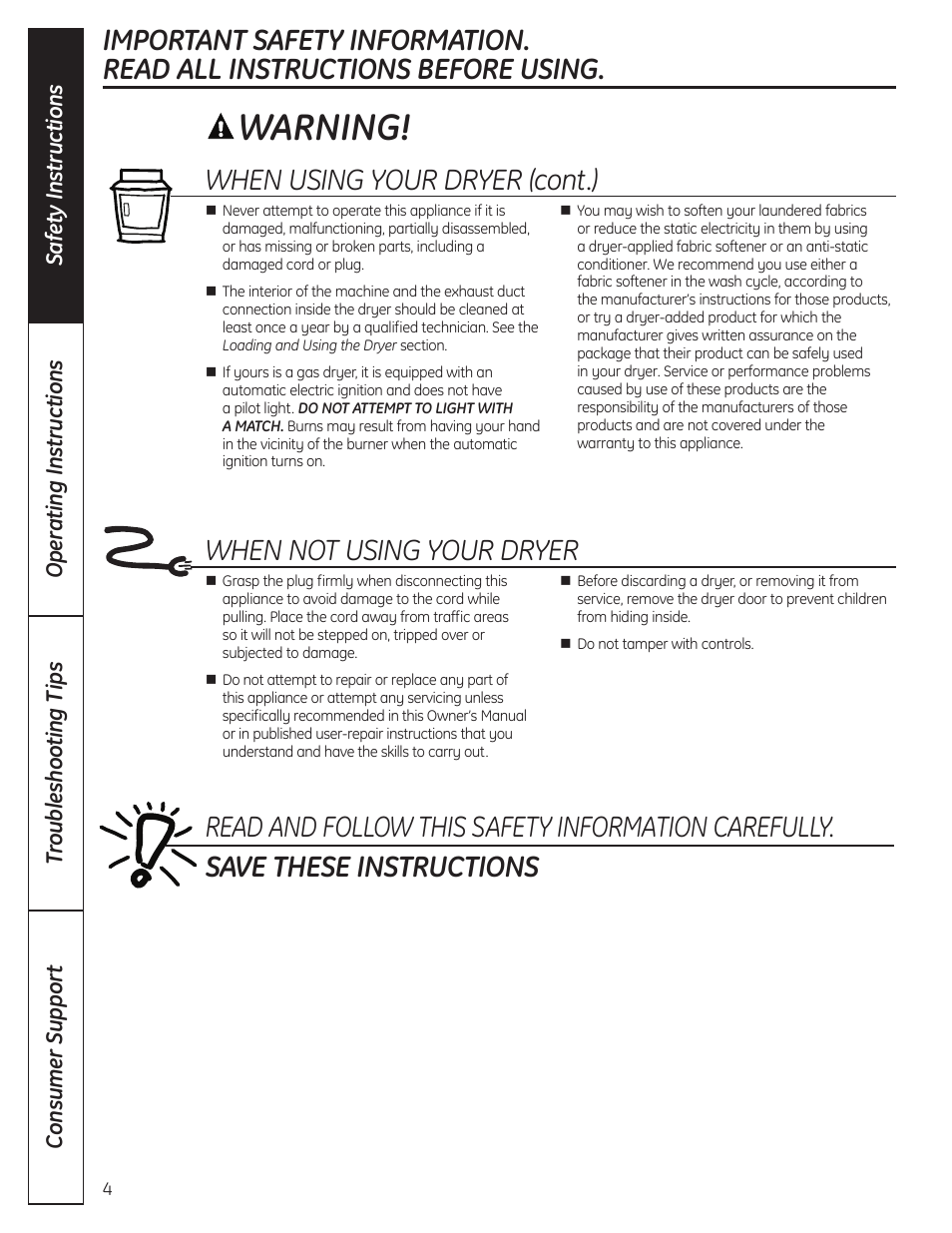 Warning, When not using your dryer, When using your dryer (cont.) | GE 49-90407 User Manual | Page 4 / 32