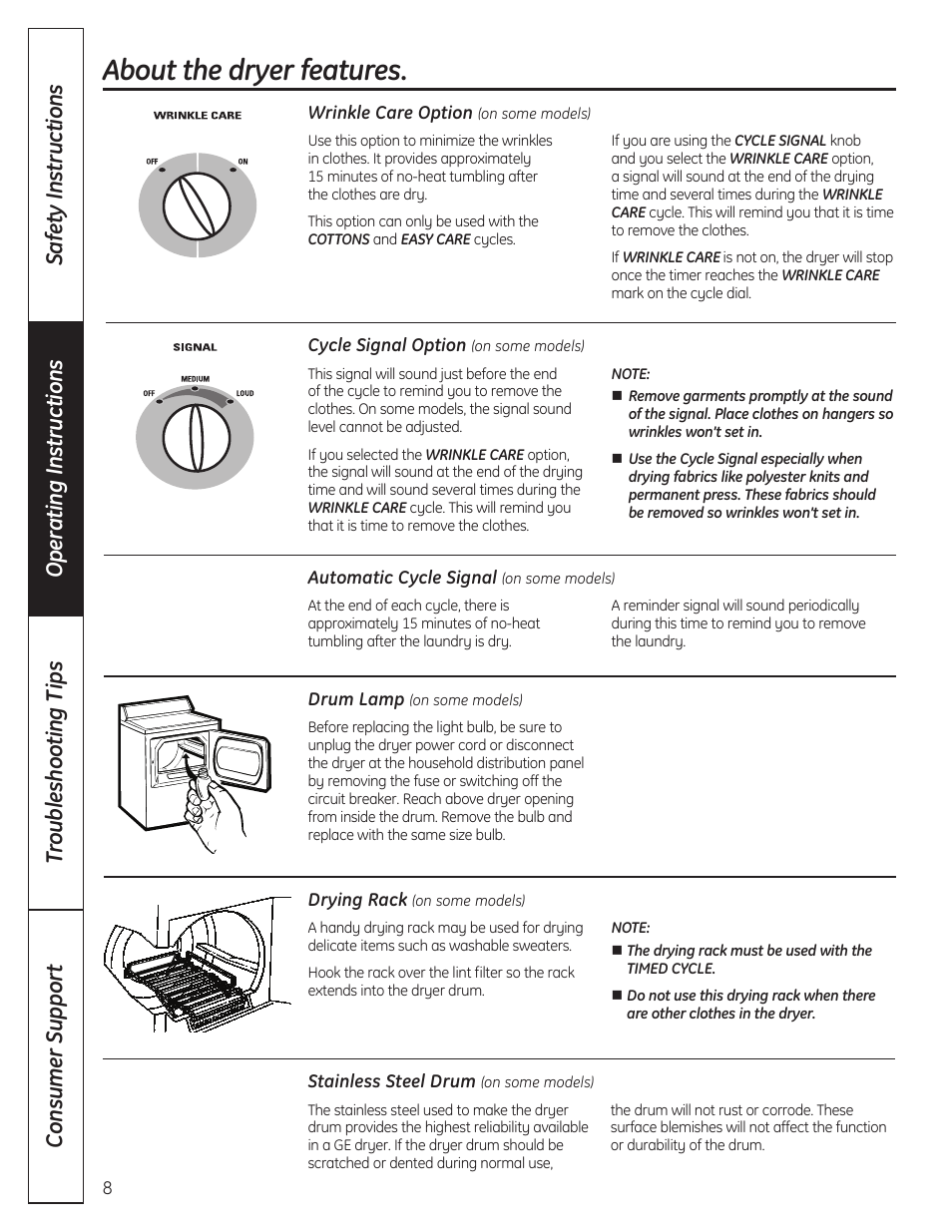 Features, About the dryer features | GE 49-90407 User Manual | Page 8 / 32