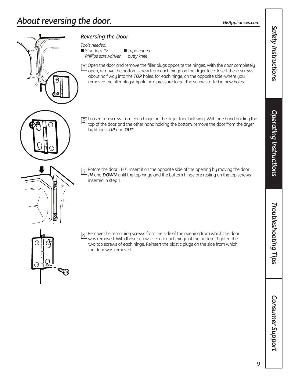 Reversing the door, About reversing the door | GE 49-90407 User Manual | Page 9 / 32