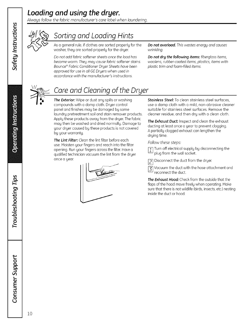 Loading and using the dryer, Core and cleaning of the dryer, Porting and loading hints | GE 175D1807P596 User Manual | Page 10 / 16